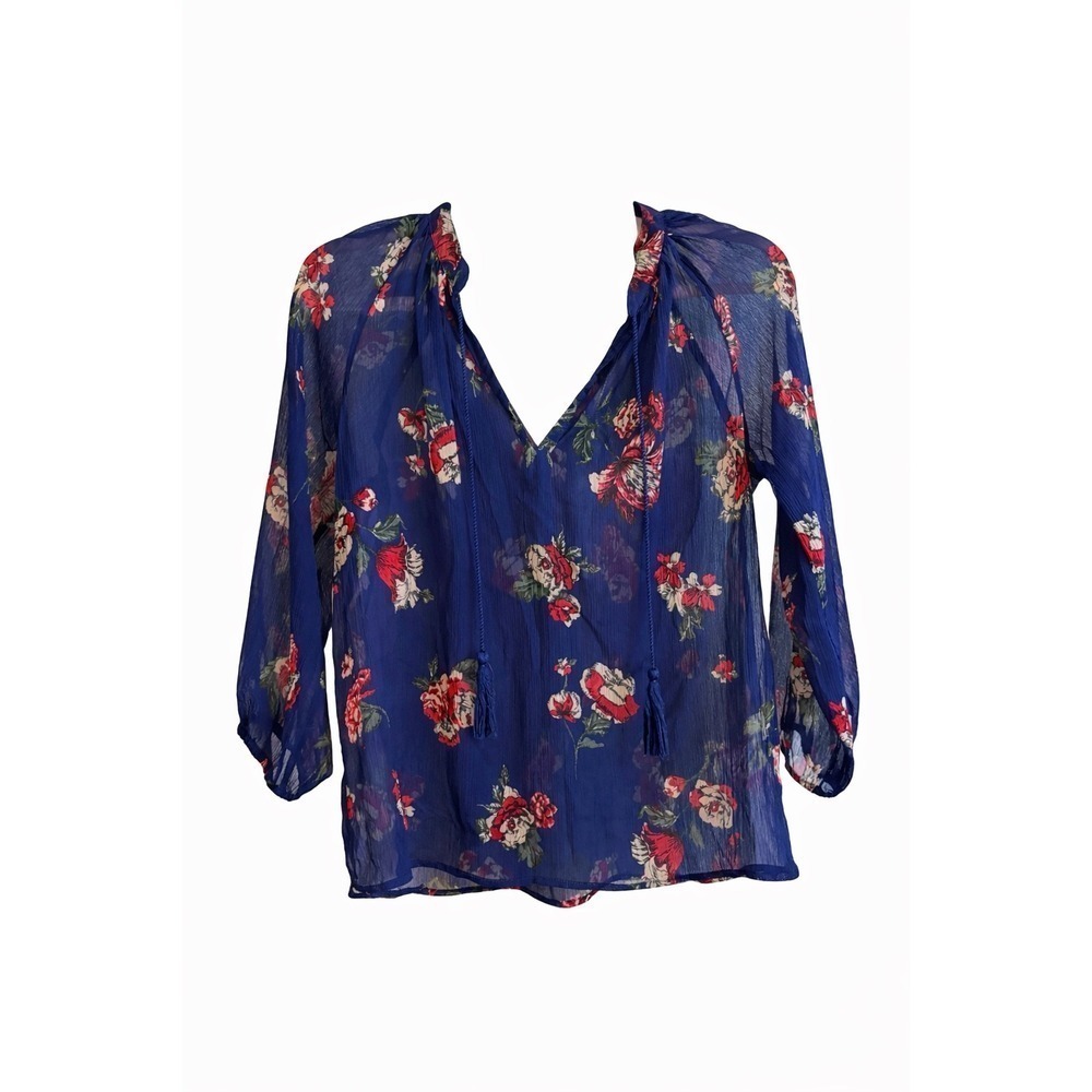 Lucky Brand Floral Boho Blouse XS Sheer Tassel Tie Peasant Top Festival